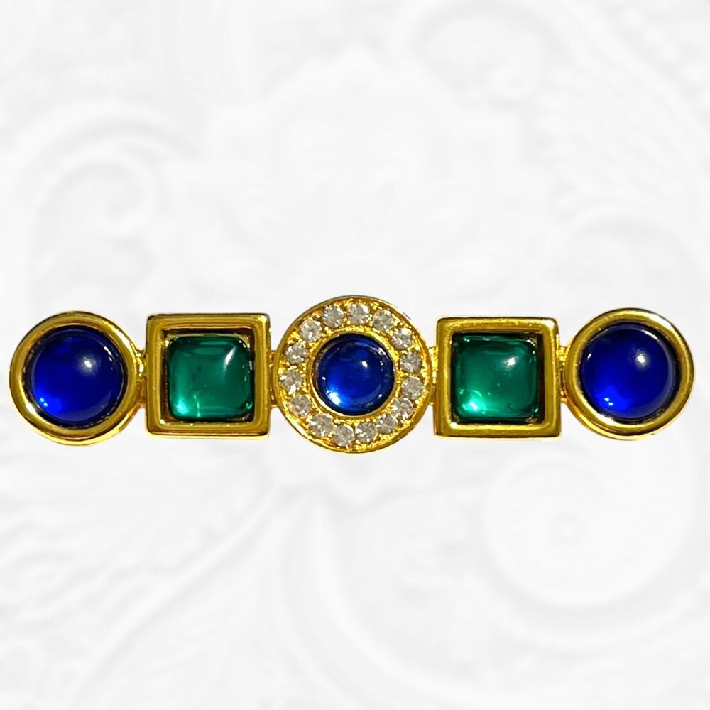 Vintage Brooch Gold Tone Blue Green Cabochon Art Deco Style Pin Geometric 2.5"